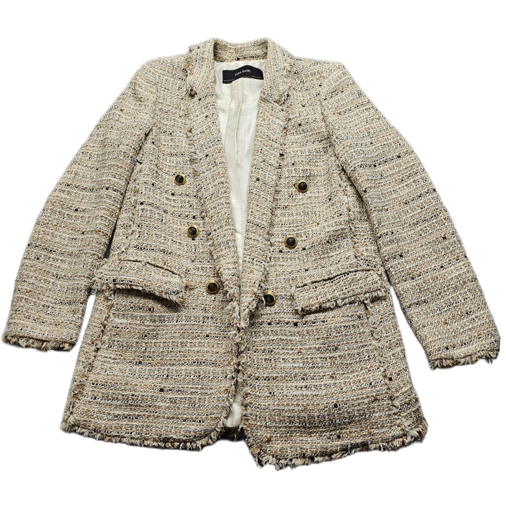 Zara Tweed Jacket Womens M Cream Long Sleeve Double Breasted Gold Crest Buttons